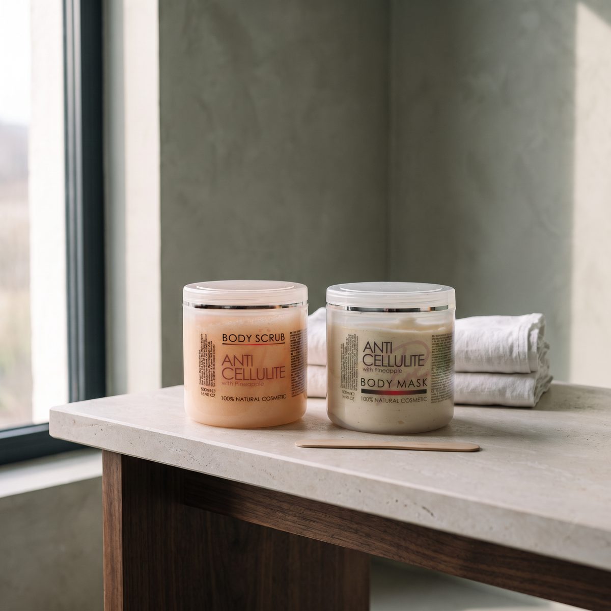 Anti Cellulite Body Scrub and Body Mask with Pineapple 500 ml on a stone counter