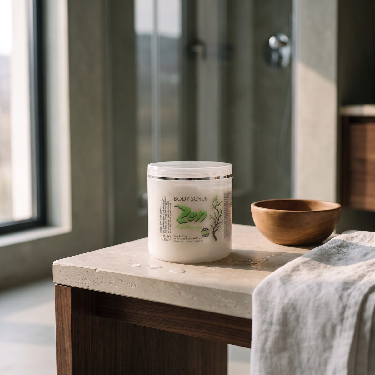 Zen Body Scrub 500 ml on a stone bench next to a wooden bowl